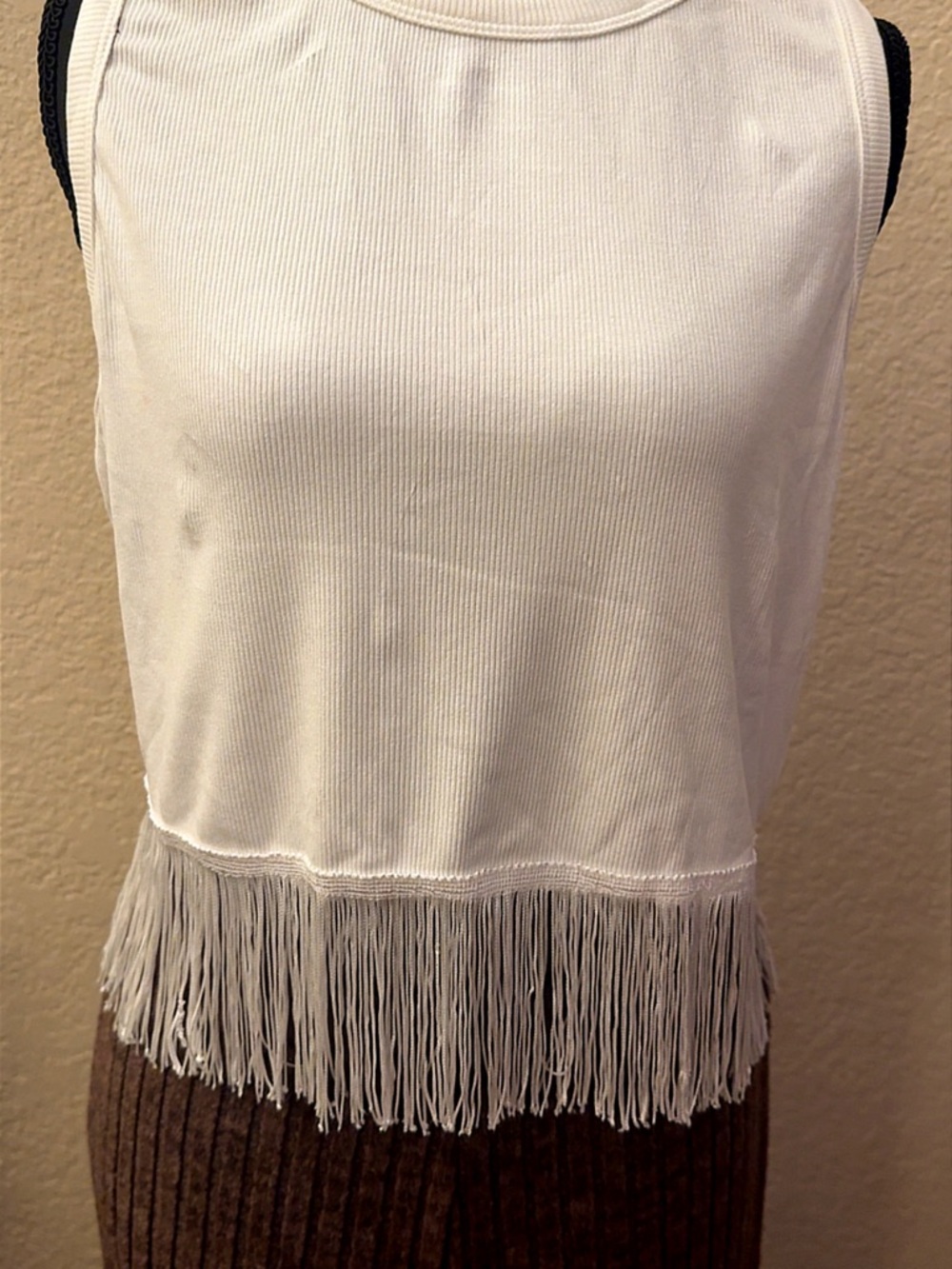 Fringe Hem Ribbed Tank Top - White